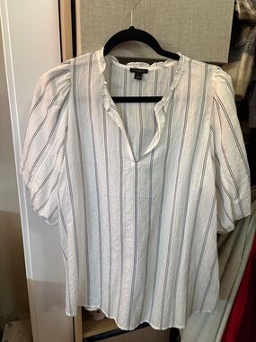 Striped V-Neck Puff Sleeve Blouse - White with Black Stripes